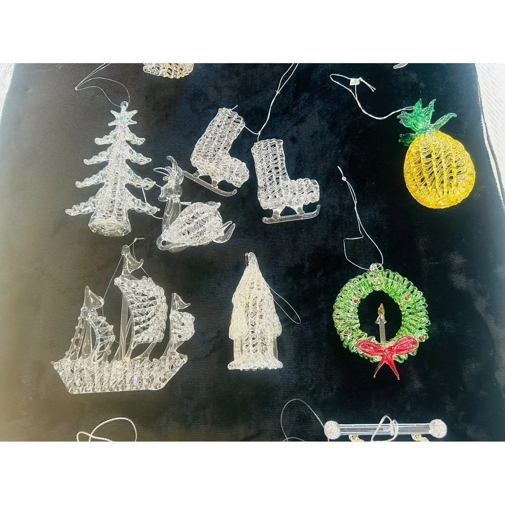 Vintage Spun Glass Christmas Ornament Lot 15pc Angel Fairy Tree Ice Skates Clear